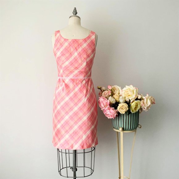 ANN TAYLOR LOFT Size 2 Pink Silk Sleeveless Preppy Tartan Sheat Dress - Picture 4 of 8